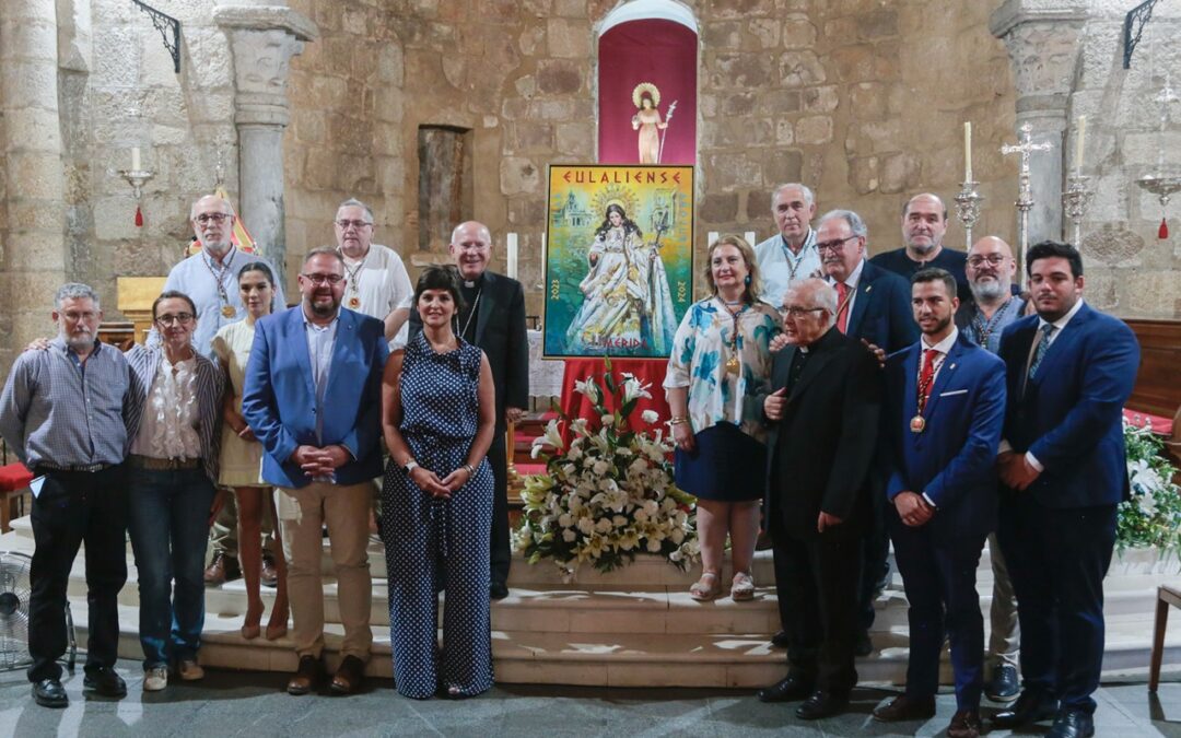 Una composición de Santa Eulalia presidiendo los Caminos Eulalienses hacia el Hornito centra el cartel del Año Jubilar Eulaliense pintado por Nuria Barrera